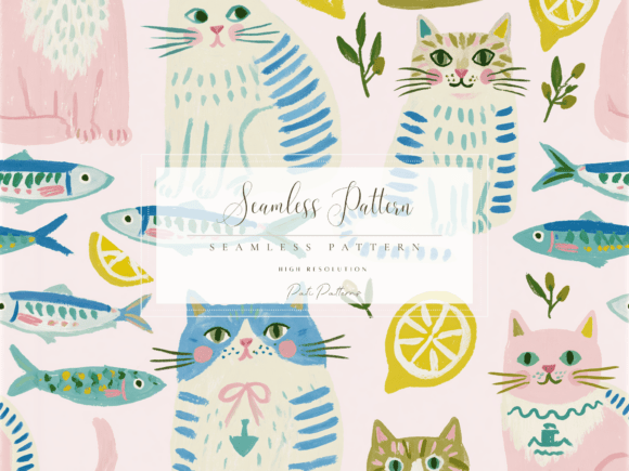 Download Cute Pastel Cat Seamless Pattern with Fish and Lemons - Seamless pattern Collection